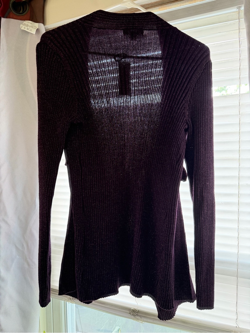 New York & Company Ribbed Open-Front Cardigan in Deep Plum
